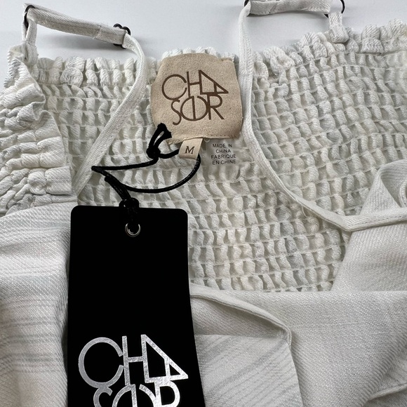 Chaser Beach Linen Tie Front Smocked Cami Cropped Jumpsuit Stripe Sz M Pockets - Picture 10 of 14